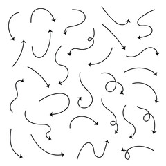 Hand drawn arrows icon set. Sketch curved arrows design. Arrow handmade. Doodle arrows shapes and directions. Pointer and cursor icons . eps 10