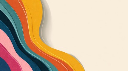 Abstract Wavy Color Blocks Over Cream Background with Paper Texture and Soft Shadows