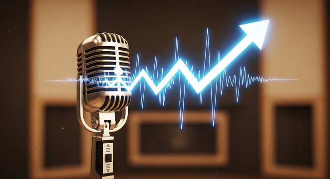 Vintage microphone with glowing blue sound wave and upward trending arrow symbolizing audio growth, podcast success, or voice recording progress - Powered by Adobe