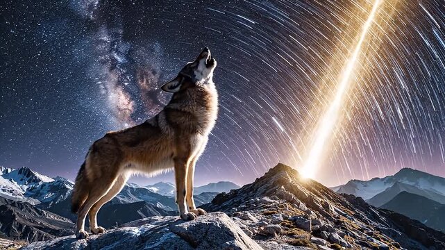 A majestic dog standing on a rocky mountain peak under a starry night sky with the Milky Way galaxy visible in the background