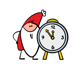 Cartoon Santa Claus and a huge clock with hands and numbers. Vector illustration of Christmas Eve or New Year's Eve. A funny fairy-tale character, a dwarf or an elf in a red doublet with a gray beard.