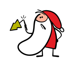Unhappy Santa Claus broke the Christmas tree. Vector illustration of a stickman with a white beard holding a damaged toy for the new year.