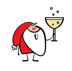 Cartoon Santa Claus raises a huge glass of champagne and says a toast to the new goal. Vector illustration of an old grandfather with a beard, Christmas and alcohol.