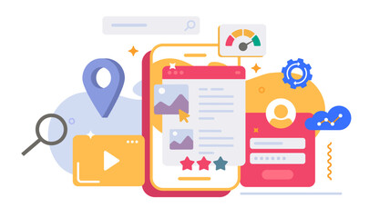 Mobile web site page layout creation builder icon on cell phone screen modern graphic illustration design, smartphone cellphone website webpage app visual content ui ux interface builder image