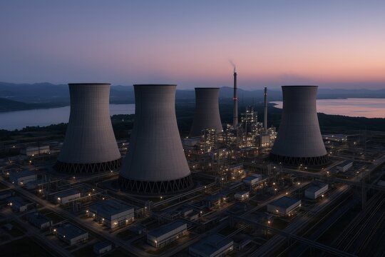 Large industrial power plant with cooling towers and chimneys illuminated at dusk near a river and mountains, symbolizing energy production infrastructure. Ai generative