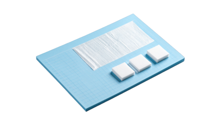 Blue grid surface with white blocks, and a rectangular clear plastic wrap