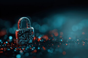 Glowing Padlock Illuminated With Red And Teal Lights On Dark Background Representing Data Security