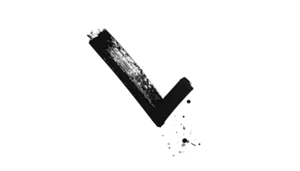 A rough brushstroke creates a checkmark on a deep black background, slightly angled