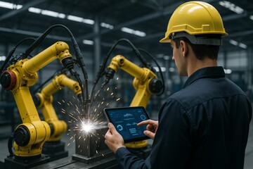 Engineer controlling robotic arms via digital tablet in smart factory environment, showcasing automation and data integration in modern industry concept. Ai generative