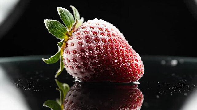 Close up of a fresh strawberry with ice crystals on a reflective surface.