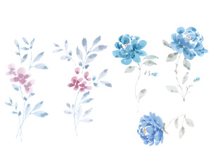 Blue Rose and Pink Blossom Watercolor Flower