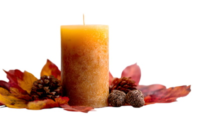 Aromatic candle surrounded by autumn leaves isolated on transparent background
