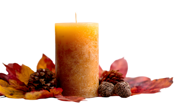 Aromatic candle surrounded by autumn leaves isolated on transparent background