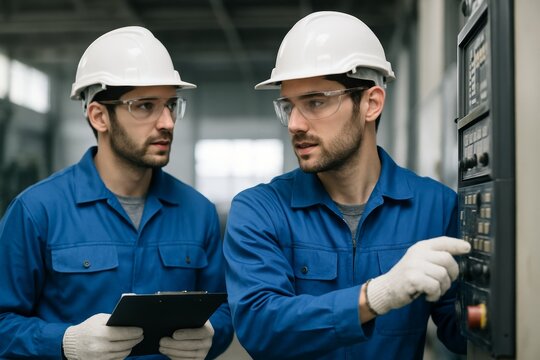 Two male industrial workers in blue uniforms operating control panel and inspecting equipment in modern factory setting. Ai generative. Ai generative