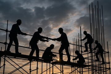 Construction workers silhouetted on scaffolding at sunset, teamwork and safety in heavy industry concept, dramatic dusk sky in background. Ai generative