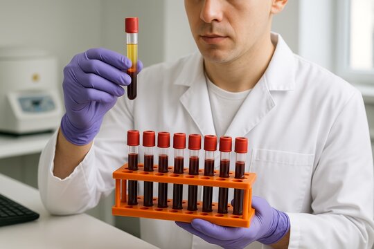 Scientist analyzing blood samples in test tubes with gloved hands in laboratory environment for medical industry and research concept. Ai generative