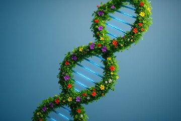 DNA helix made of green leaves and colorful flowers with glowing blue rungs, symbolizing nature and biotechnology concept on blue background. Ai generative