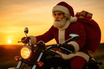 A man in a Santa hat is riding a motorcycle