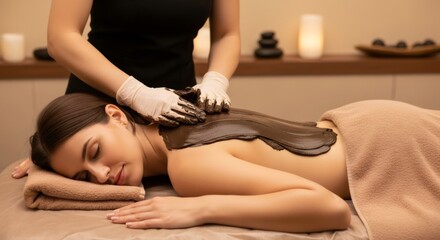 Fototapeta premium Woman receiving back mud mask treatment from spa therapist. Relaxing beauty procedure for skin care and wellness at a spa salon.