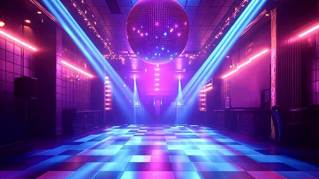 Empty dance floor of a nightclub with a spinning disco ball reflecting vibrant neon lights. The colorful spotlights and flashing illumination create a dynamic and energetic party atmosphere