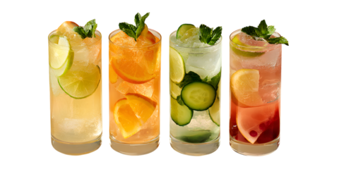 Refreshing cocktails isolated on transparent background, garnished with fruits