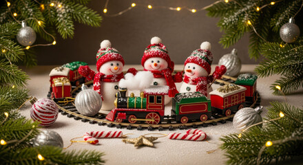 Whimsical christmas train with snowman passengers and festive decorations
