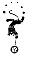 Cute tiger, lion, balances on unicycle and juggles balls. Black and white illustration © bigmen
