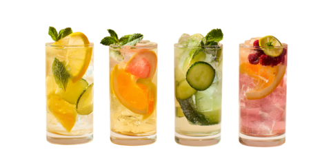 Refreshing cocktails isolated on transparent background, garnished with fruits