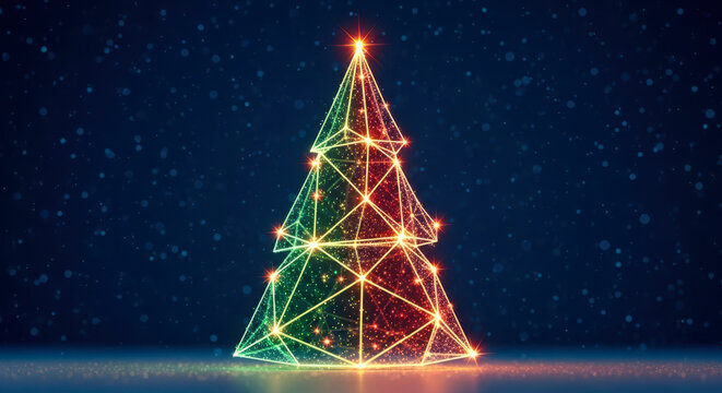 Glowing christmas tree with colorful lights on a dark background - Powered by Adobe