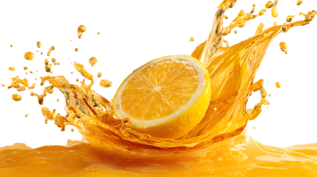 A slice of orange splashing into juice isolated on transparent background