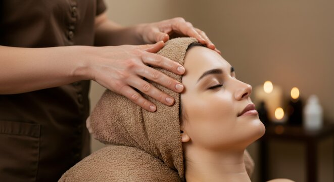 Woman receiving a relaxing head massage in a spa. Wellness and beauty treatment for stress relief and relaxation.