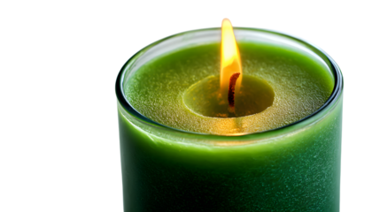 Closeup of a green candle with a bright flame isolated on transparent background