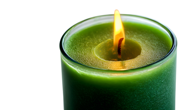 Closeup of a green candle with a bright flame isolated on transparent background