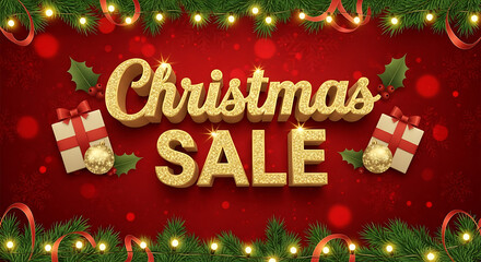 Glittering gold text for christmas sale banner design with festive decoration, gift box, and bokeh light on red background