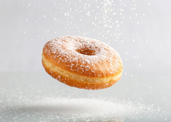Single fresh baked donut berliner sprinkled with falling sugar powder