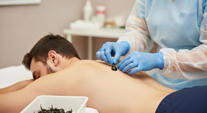 Man lay on stomach while woman doctor applies leech to his back for hirudotherapy procedure, alternative medicine treatment.