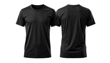 Front and back view of a plain black crew neck t-shirt on a dark background