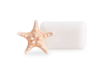 One organic natural eco friendly soap bar with starfish isolated on white background used for aromatic healthy spa relaxation and hygiene skincare for bathroom beauty treatment as cleansing cosmetic
