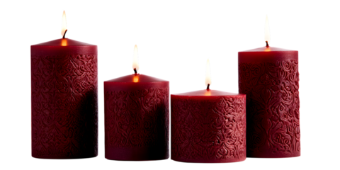 Four red textured candles isolated on transparent background are burning