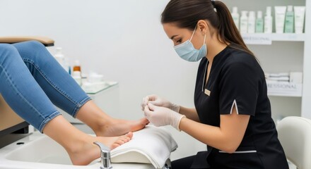 Woman pedicurist in face mask providing foot care service to client in beauty salon. Professional pedicure procedure for health and beauty.