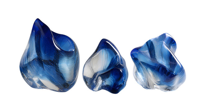 Three blue glass pebbles isolated on transparent background are displayed