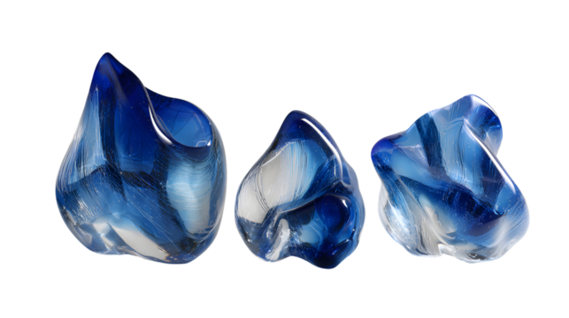 Three blue glass pebbles isolated on transparent background are displayed
