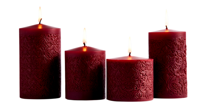 Four red textured candles isolated on transparent background are burning