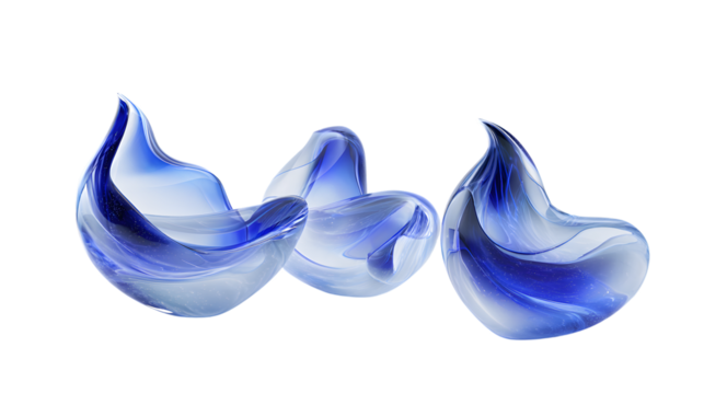 Three elegant blue glass sculptures isolated on transparent background