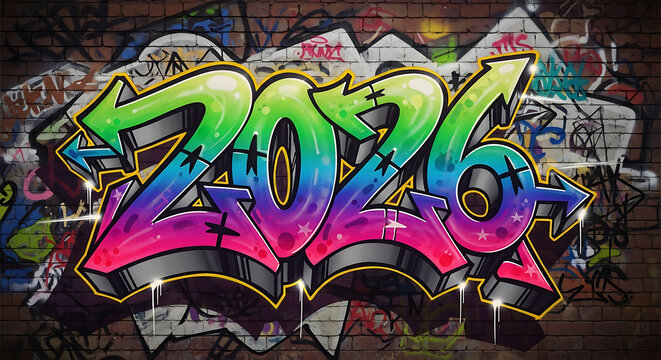 Vibrant graffiti art spelling out the year 2026 in bold, colorful bubble letters against a dark brick wall background