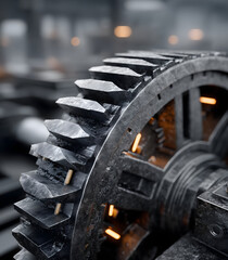 Detailed macro view of a heavy industrial metal gear with worn textured steel surface, sharp mechanical teeth and glowing orange lights inside a futuristic machine environment, high-detail engineering