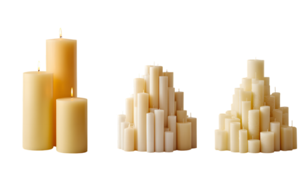 Arrangement of lit candles isolated on transparent background