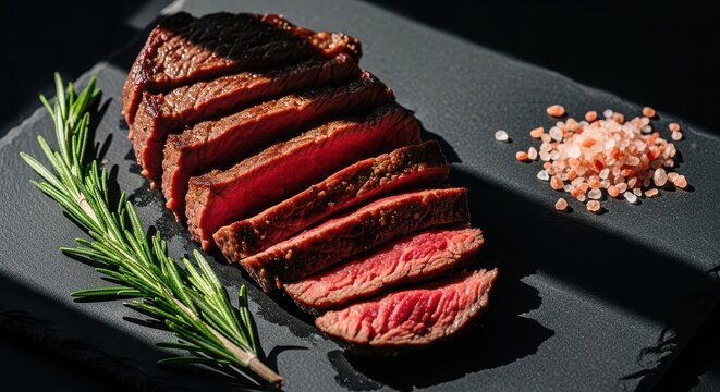 Juicy sliced grilled steak with rosemary and pink salt on a dark slate plate. - Powered by Adobe