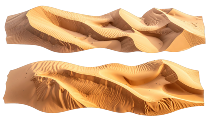 Two desert landscape views showcasing textured, sunlit sand dunes with curved forms