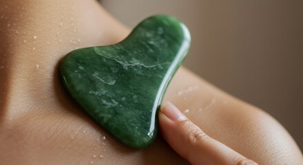Woman using a green gua sha massage tool on her shoulder. Self-care ritual for skin rejuvenation and relaxation. Beauty and wellness concept.